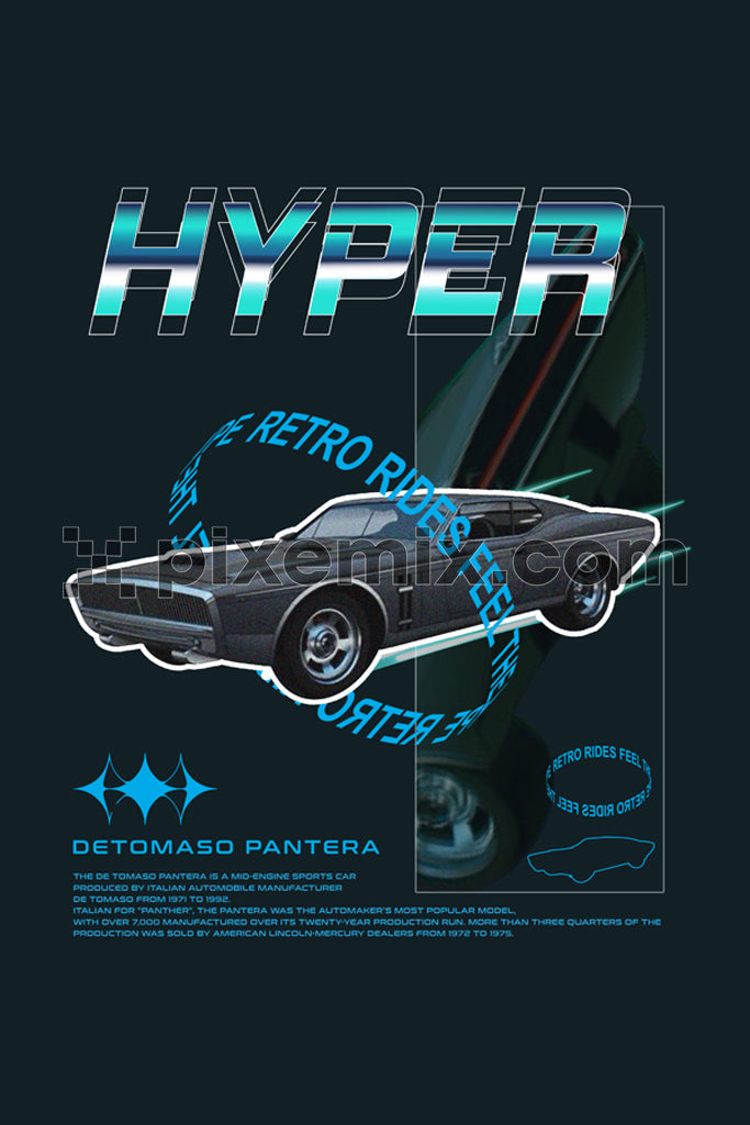 Retro art-inspired hyper vintage car with 3d typography.