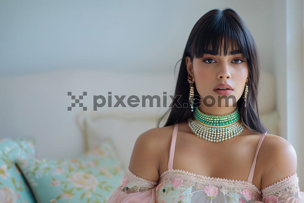 Young beautiful indian woman in blue and pink floral festival dress image.