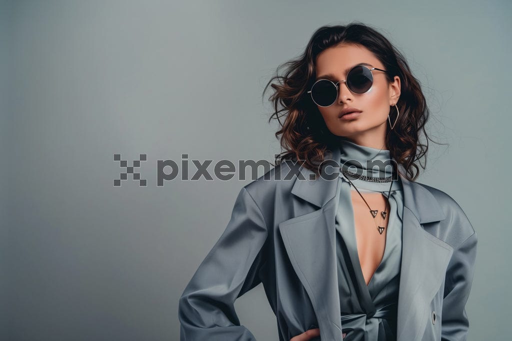 Beauty Fashion model girl wearing stylish coat and sunglasses on light grey background image.