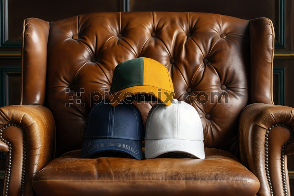 Caps on brown leather sofa image.