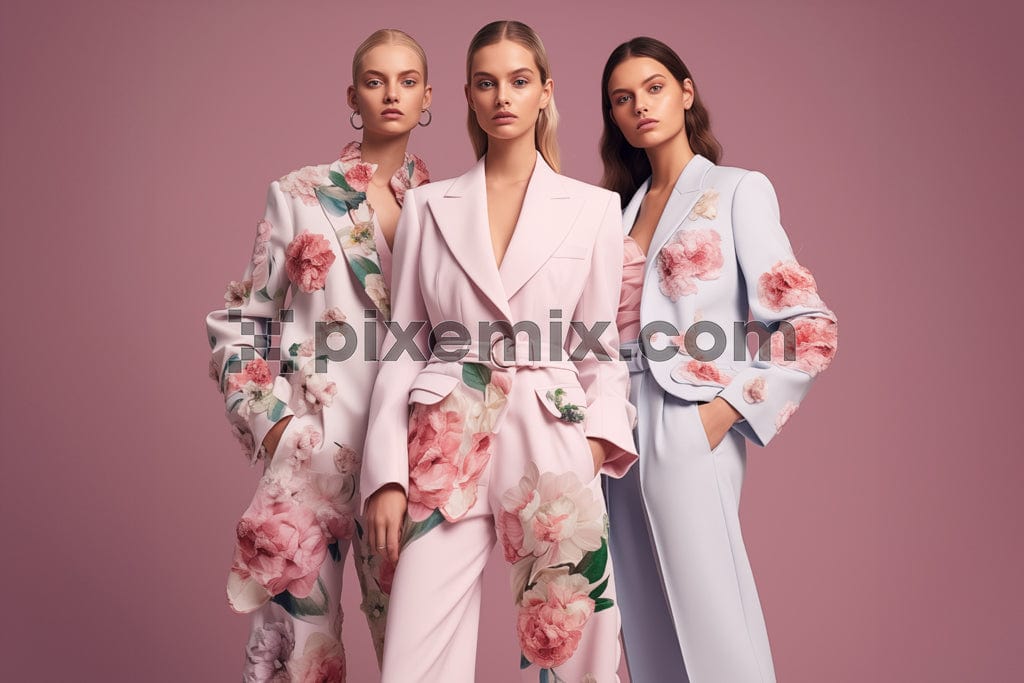 Three highfashion women wearing floral printed dress on pink background image.