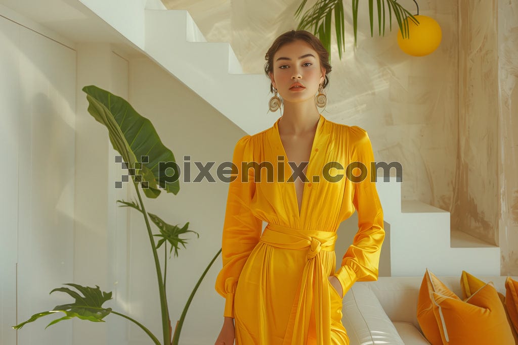 Stylish female model in posing near indoor plant image.