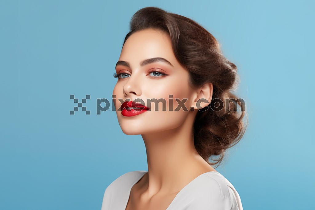 Fashionable confident woman wearing elegant white dress on blue background image.