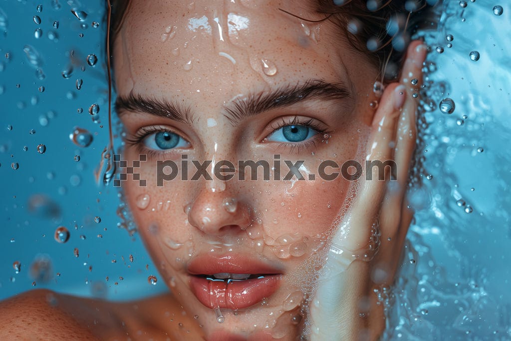 A woman is washing her face with water image.