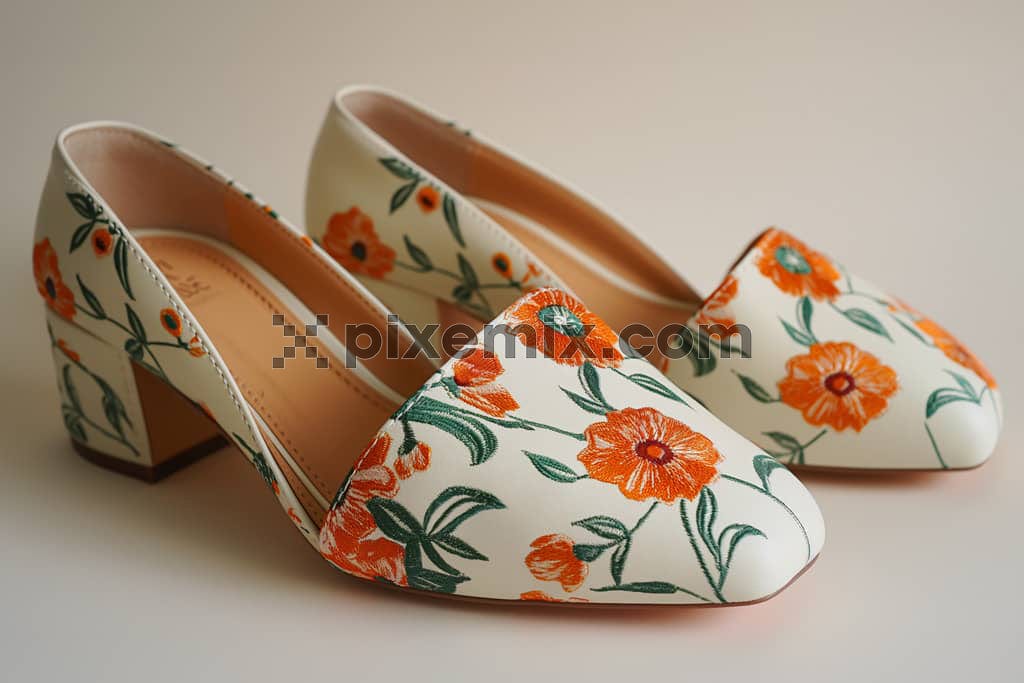 A pair of floral printed women shoes on a biege background.