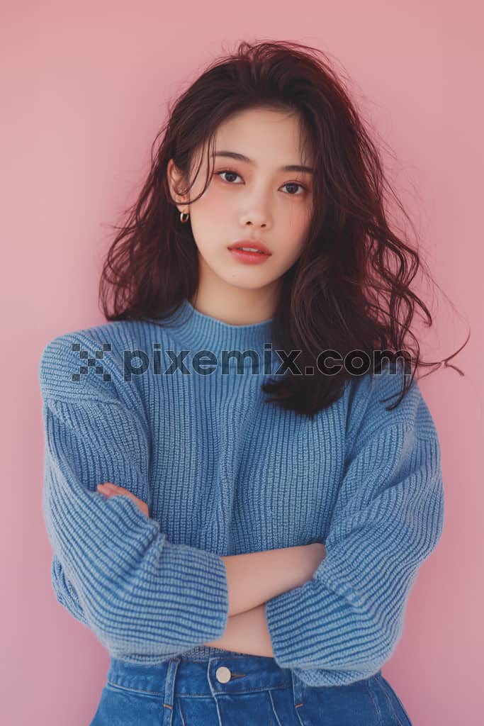 An image of an elegant and soft woman in blue sweater and pink background.