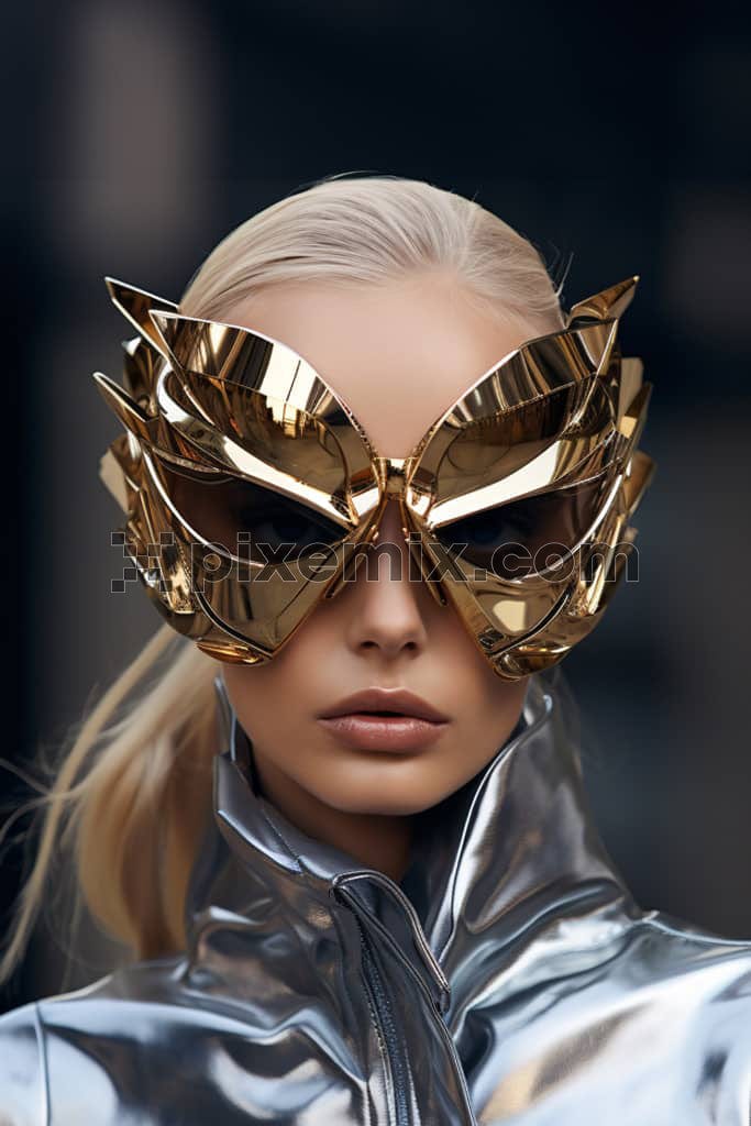 A portrait of a women with futuristic look in gold and silver metal look.