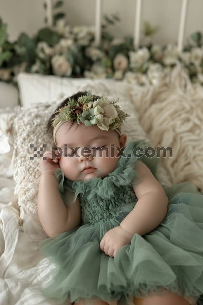 An image of an adorable baby in a green dress and cozy bed.