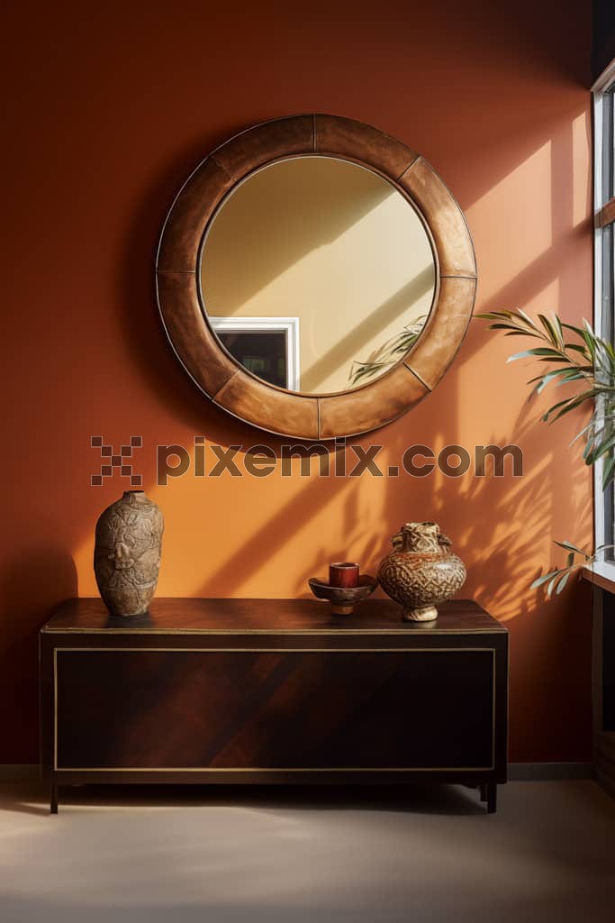 An image of a circlular mirror and a sophisticated interior.