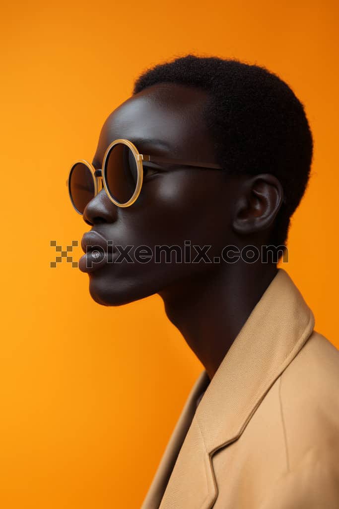 An image of sophisticated sunglasses worn by a black male model in suit and orange background 