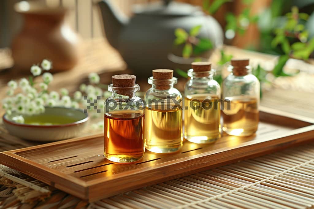 An image of four bottle of perfume with cork cap and nicely set tray and plants in the background.