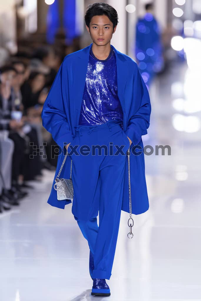 an image of a model on a runway wearing a blue garment from head to toe.