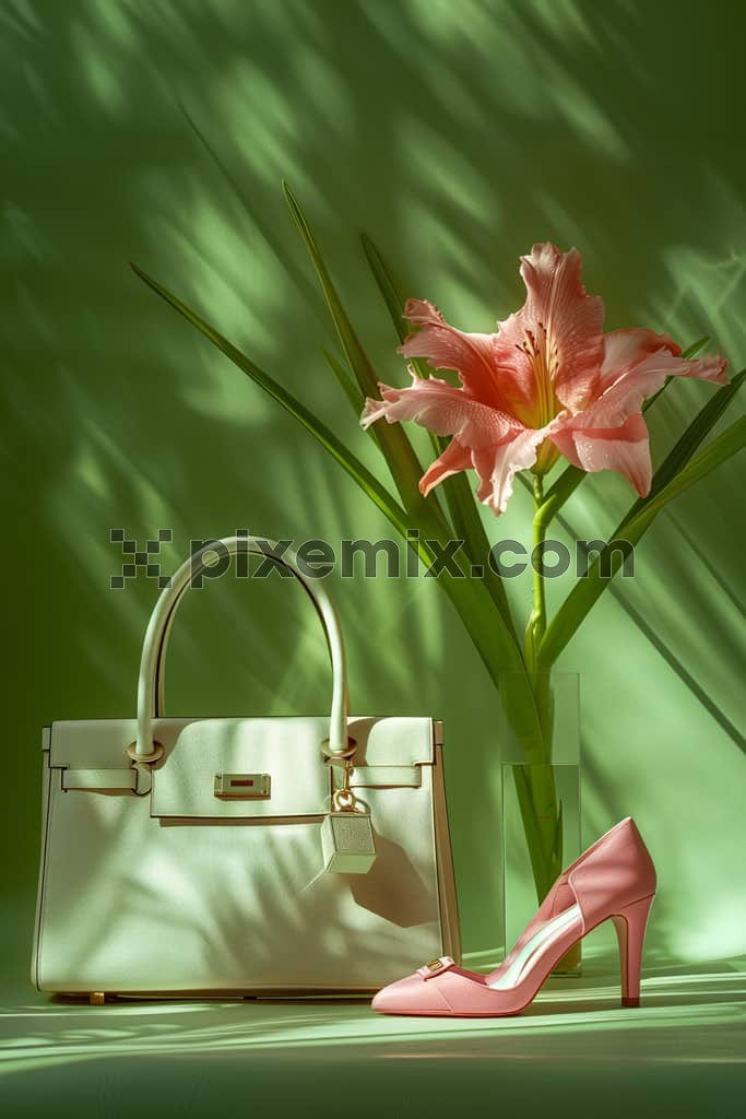 A nice product image of a green bag and pink heels with a pink flower and a green background under the sunlight .