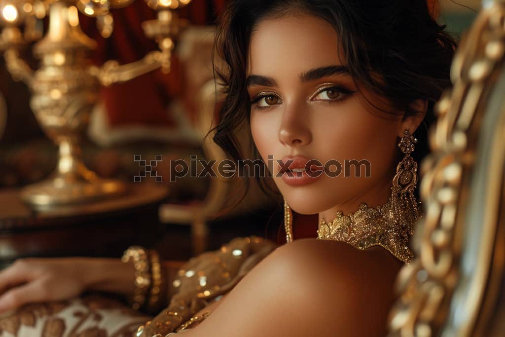 An elegant portrait of a beautiful persian woman wearing golden jewellery in a luxurious set.