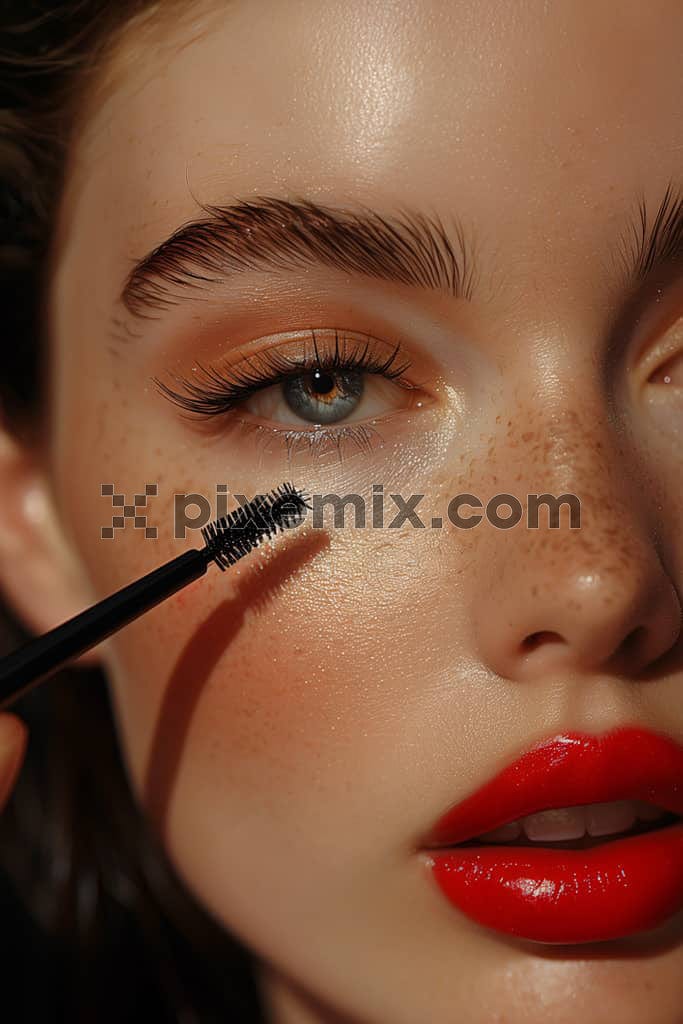 A closeup image of a model wearing mascara on her blue eyes.