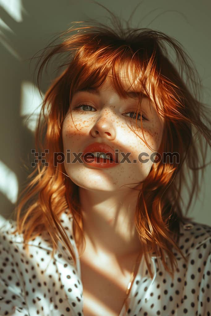 A lovely image of a redhead woman under the sunlight in a room.