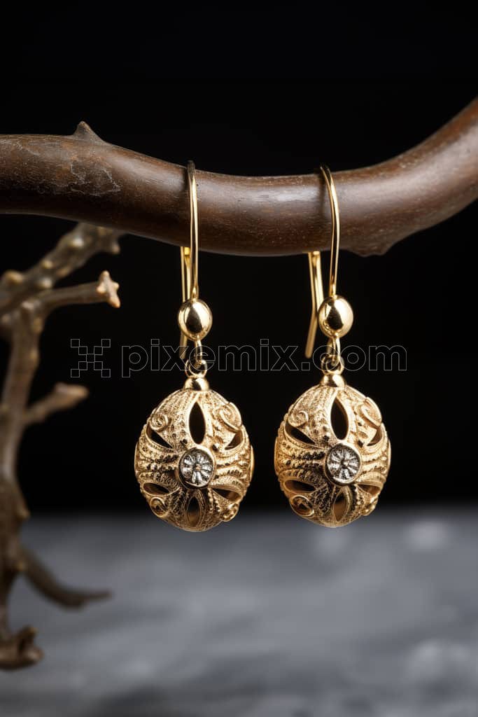 An image of a pair of golden earrings handing from a branch.