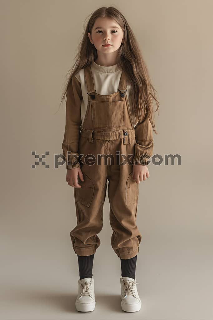 An image of a young girl in brown onsie and beige background.