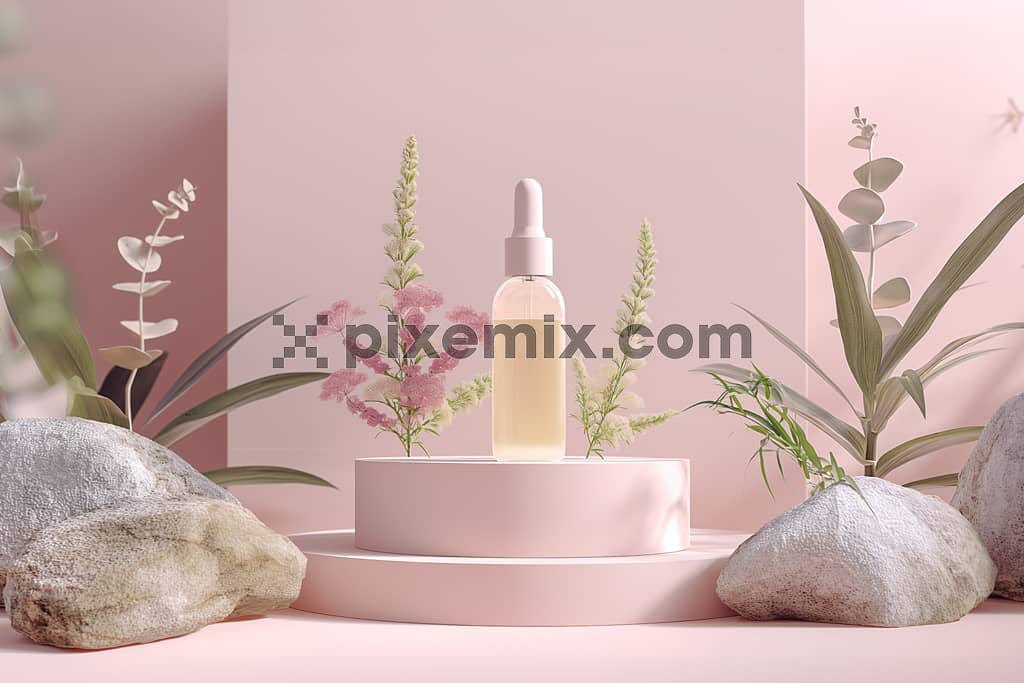 An image of a skincare bottle on a pastel pink background with flowers and rocks.