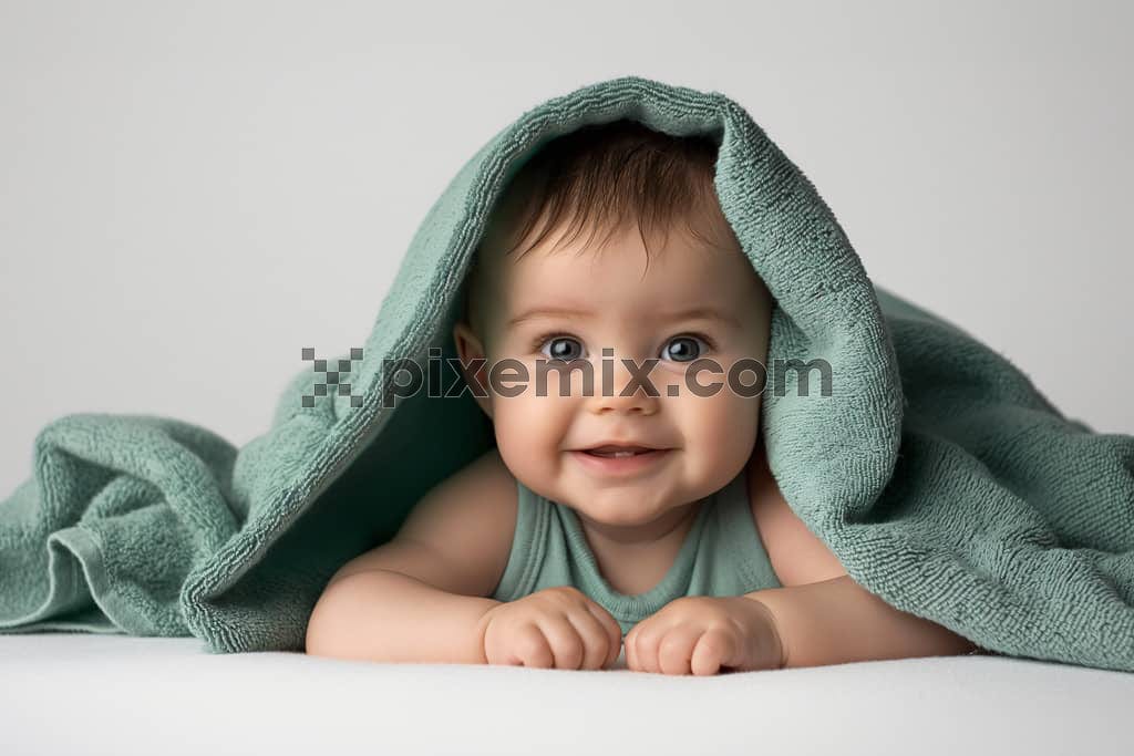 The image shows an infant baby smiling in green blanket.