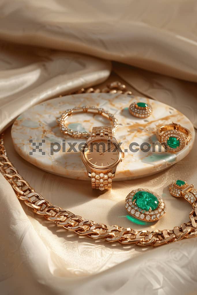 The image shows a Luxury gold and emerald jewelry on marble.