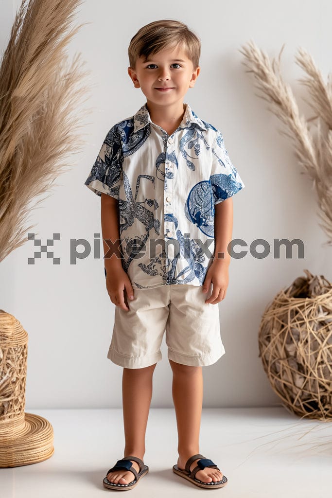 The image shows a young boy stands wearing summer style.