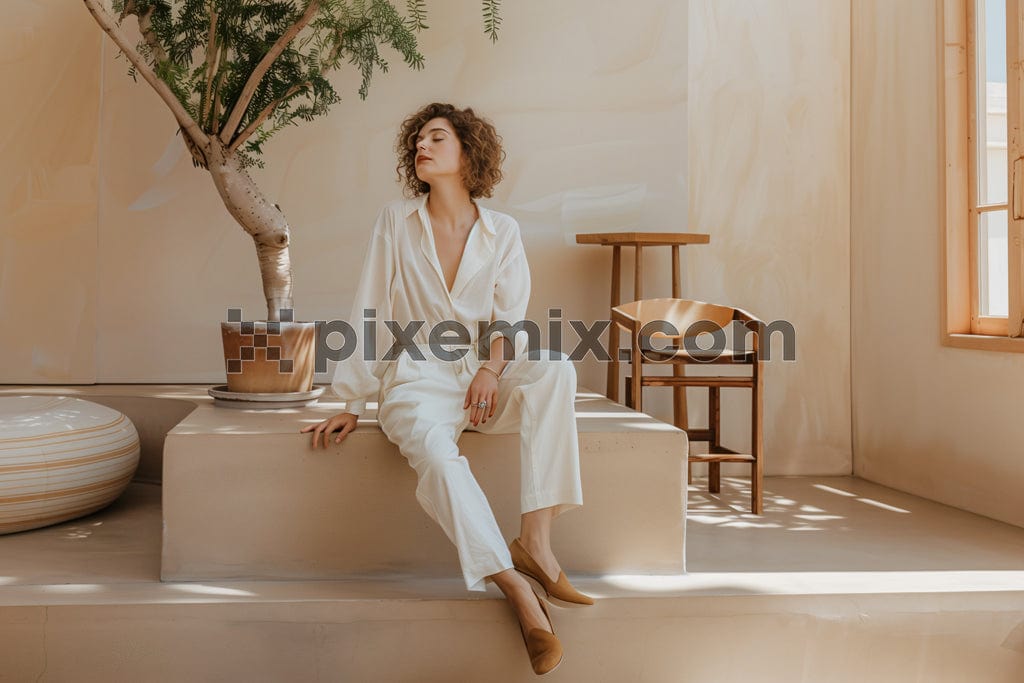 The image shows a woman sitting wearing white linen trousers and a shirt.