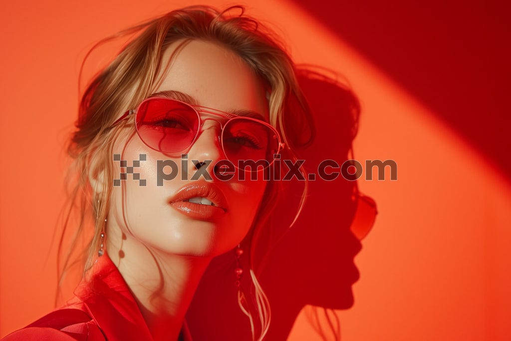 The image shows a beautiful blonde girl wearing vibrant red sunglasses.