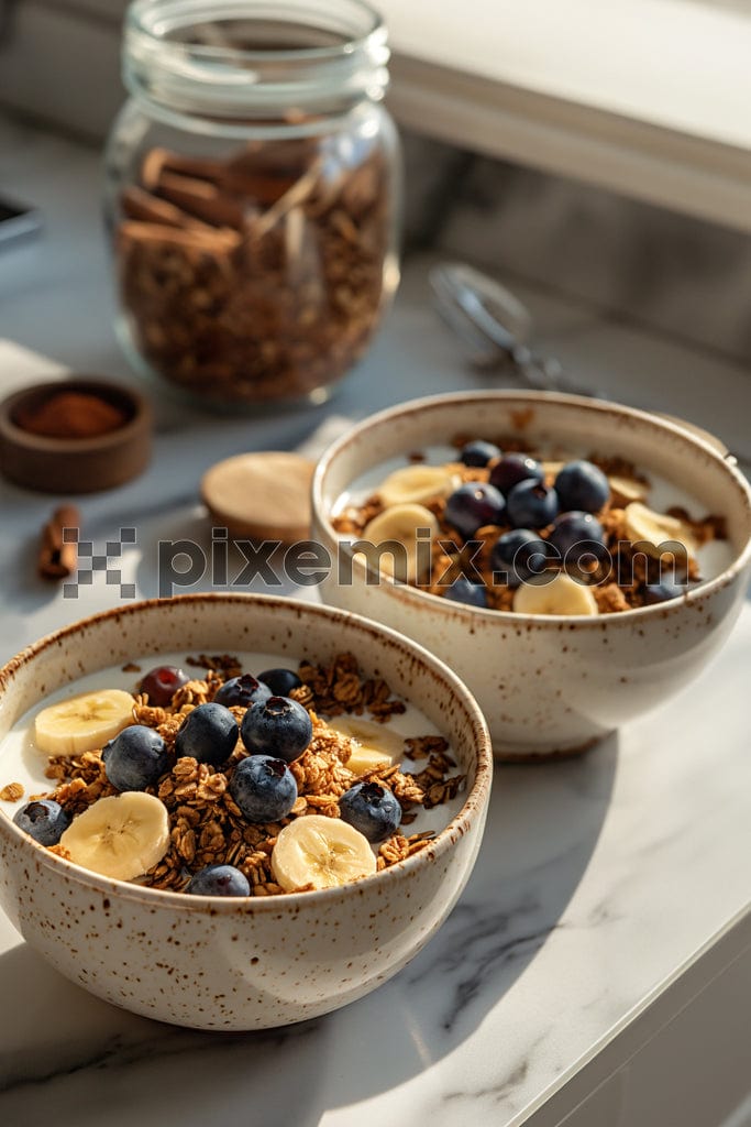 The image shows a elegant editorial bowls of granola adorned with fresh blueberries.