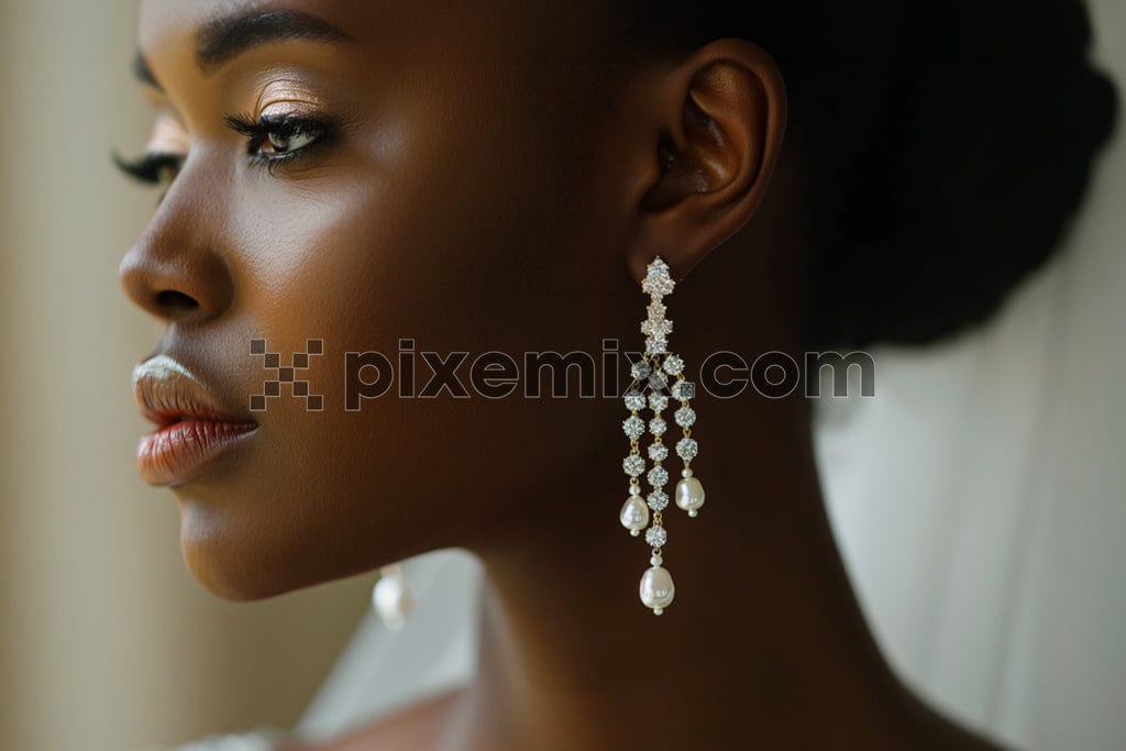 The image shows a  beautiful black woman showcases long pearl and diamond earrings.