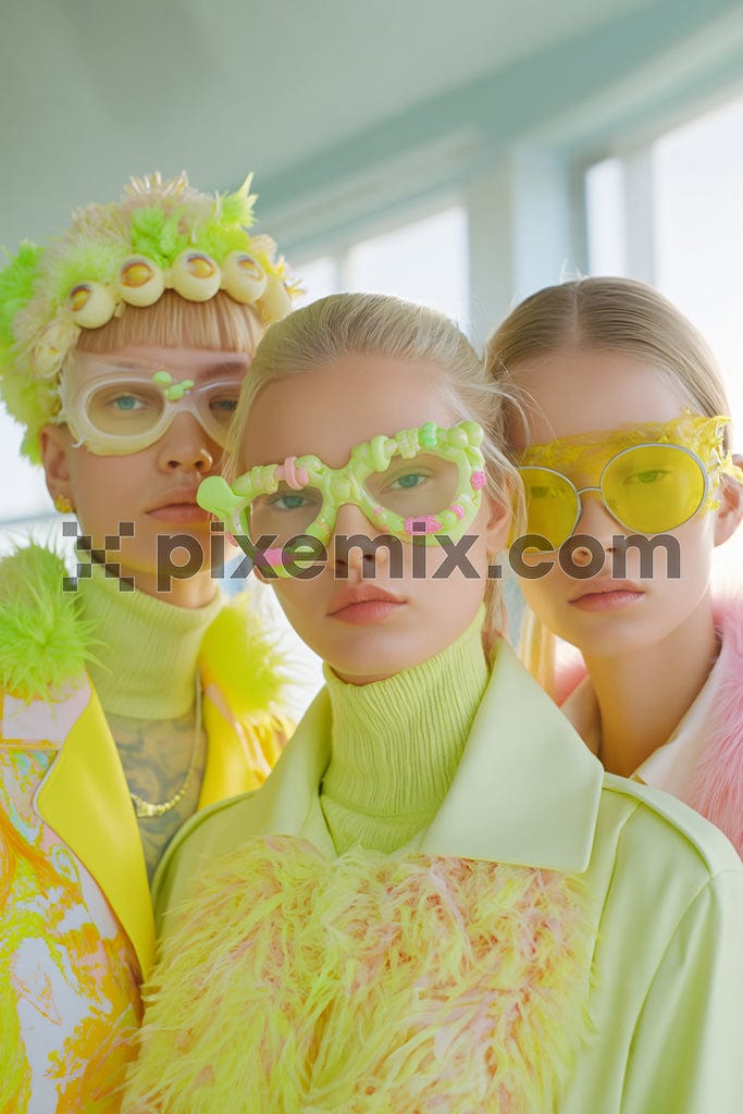 The image shows a three female models showcase futuristic fashion.