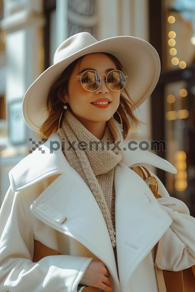 The image shows a stylish woman wearing blazzer and sunglass.