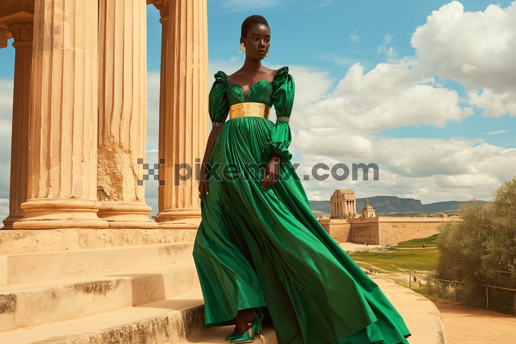 The image shows an African woman wears a stunning green silk dress adorned with a gold belt.