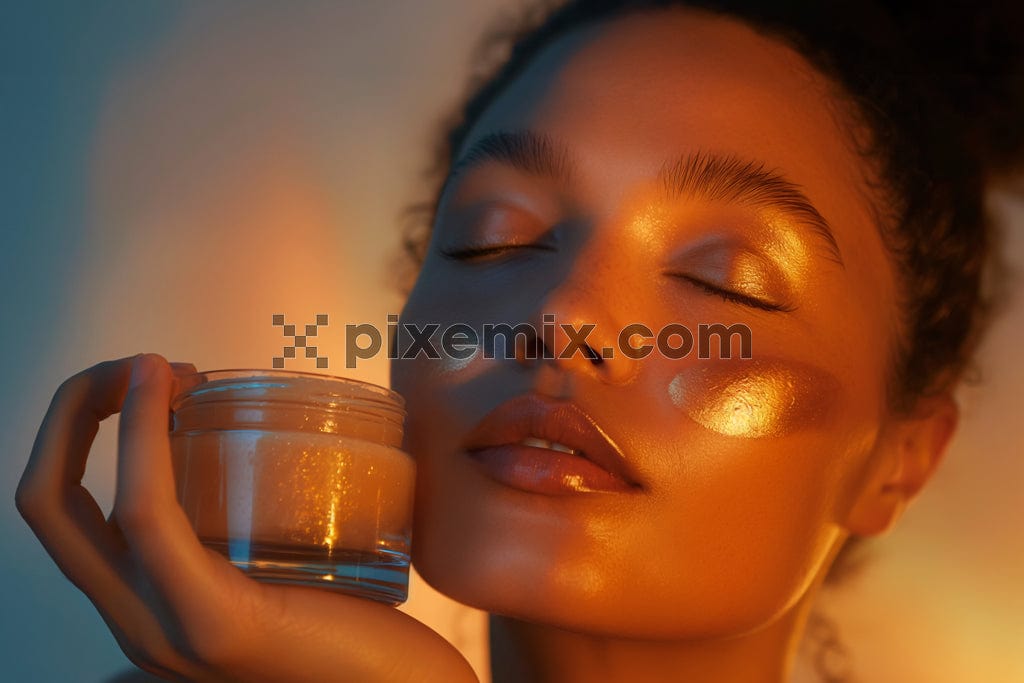 The image shows a beautiful woman holding a transparent glass jar of cream.