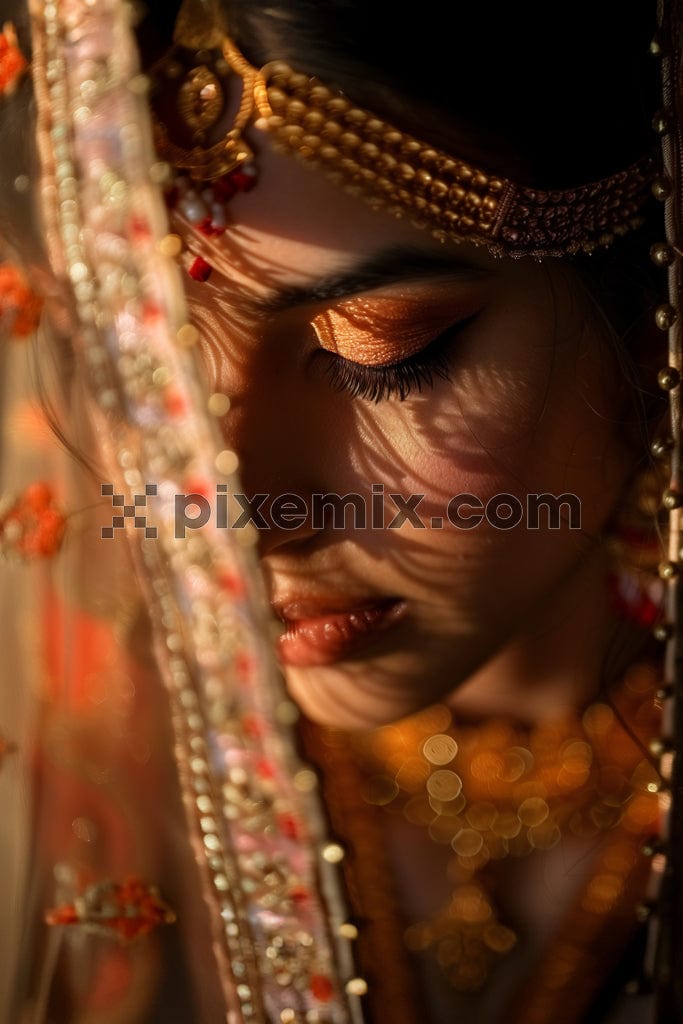 The image shows a portrait of an Indian bride.