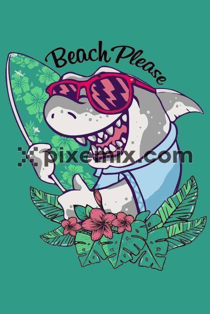 Tropical cartoon surfer shark vector product graphic