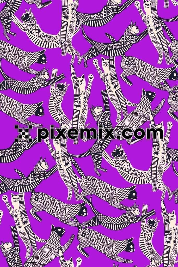 Playful cat with abstract lineart pattern product graphic with seamless repeat 