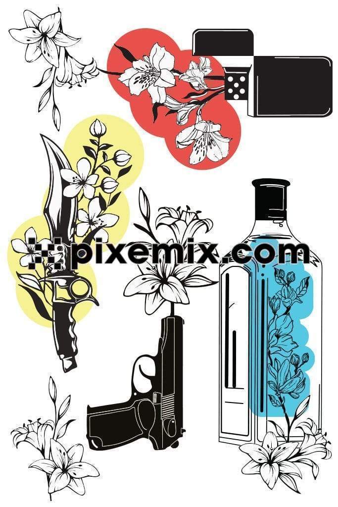 Floral art aound weapons product graphic with abstract color shapes