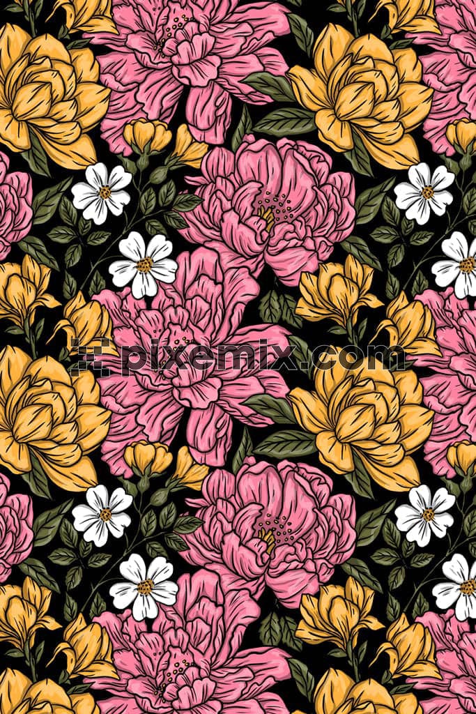 Florals and leaves premium product graphic with seamless repeat pattern