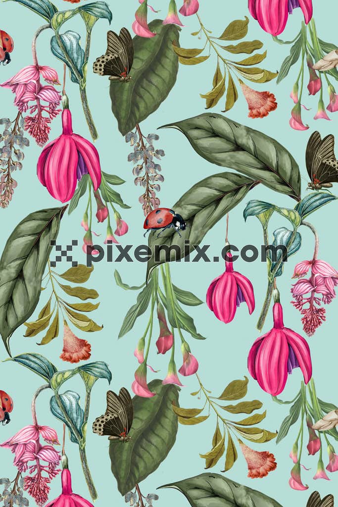 Digital florals and leaf product graphic with seamless repeat pattern