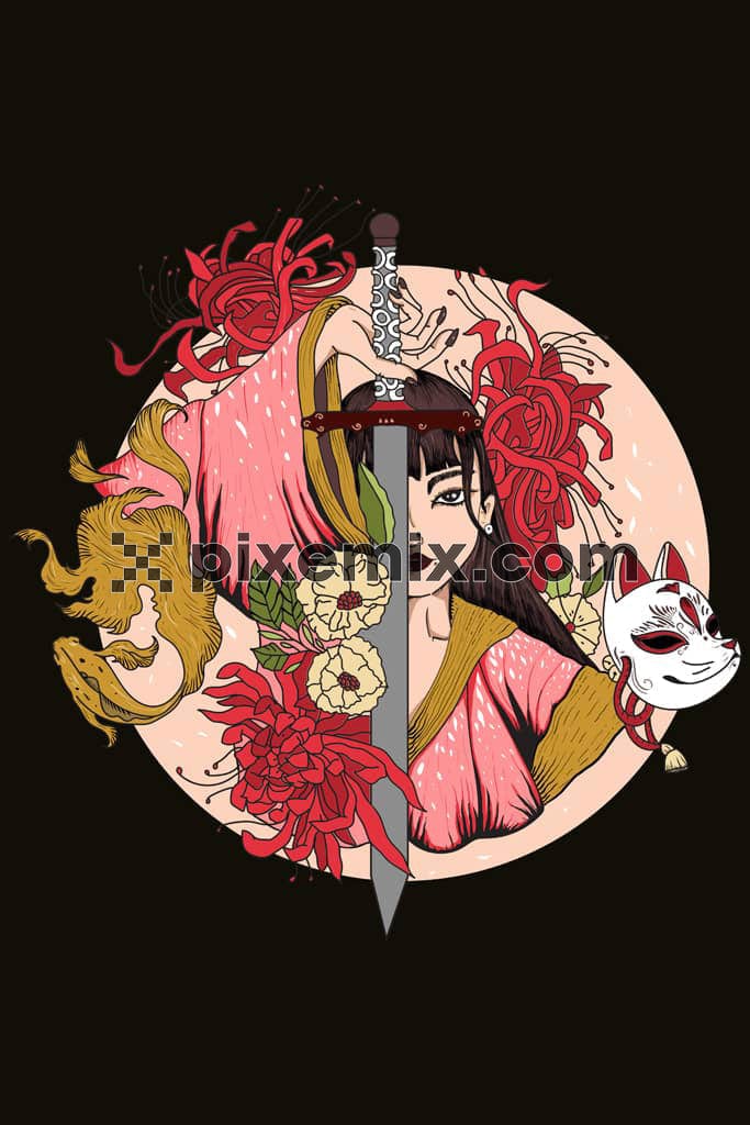 Oriental ninja girl and florals product graphic