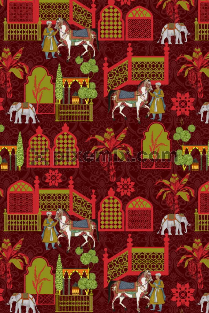 Pichwai art inspired men and horse product graphic with seamless repeat pattern