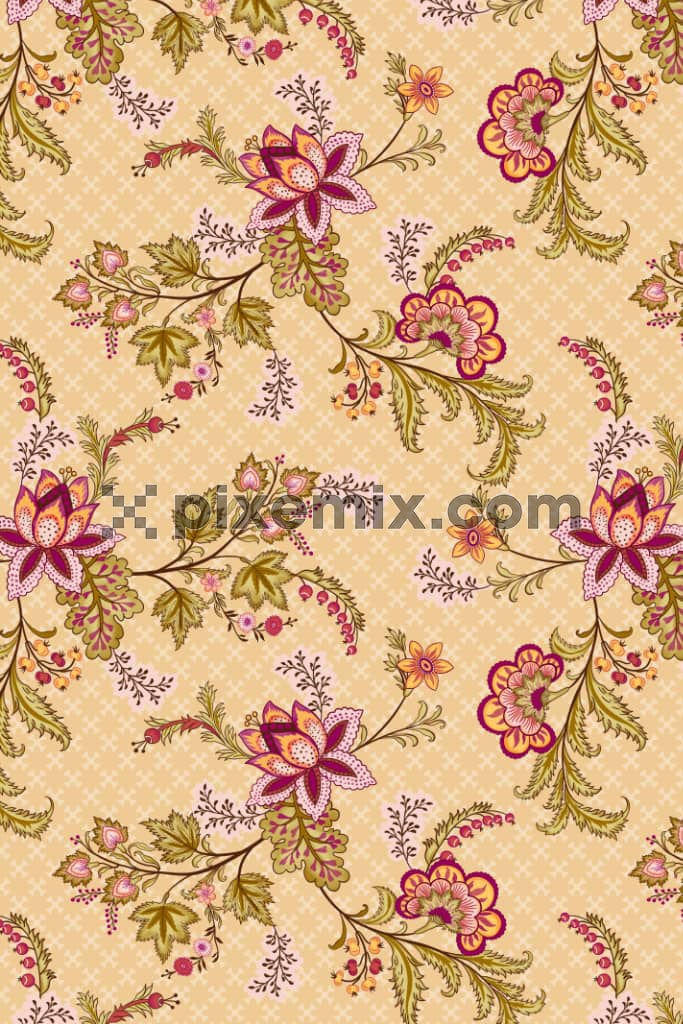 Kalamkari florals and jali product graphic with seamless repeat pattern