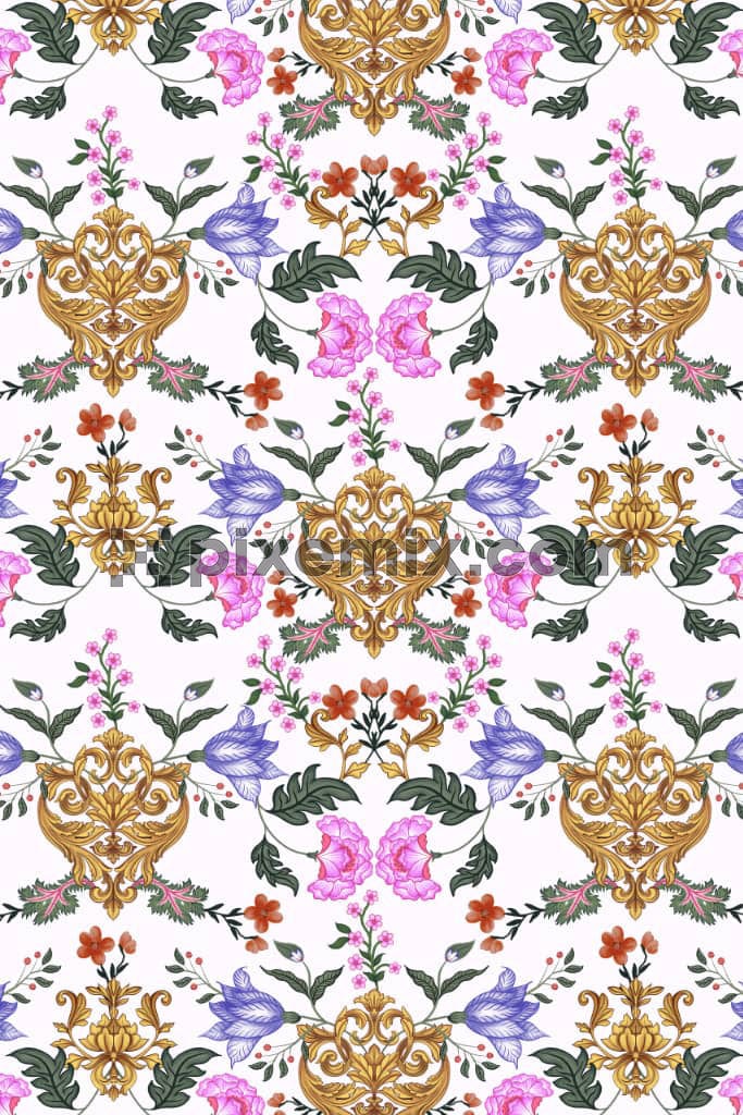 Kalamkari florals and leaves product graphic with seamless repeat pattern