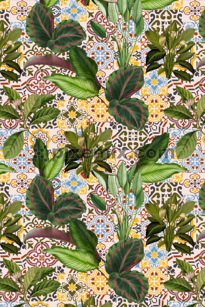 Tropical leaves and paisley art product graphic with seamless repeat pattern