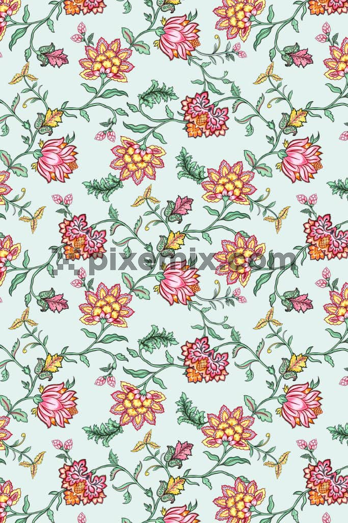 Pichwai florals and leaves product graphic with seamless repeat pattern