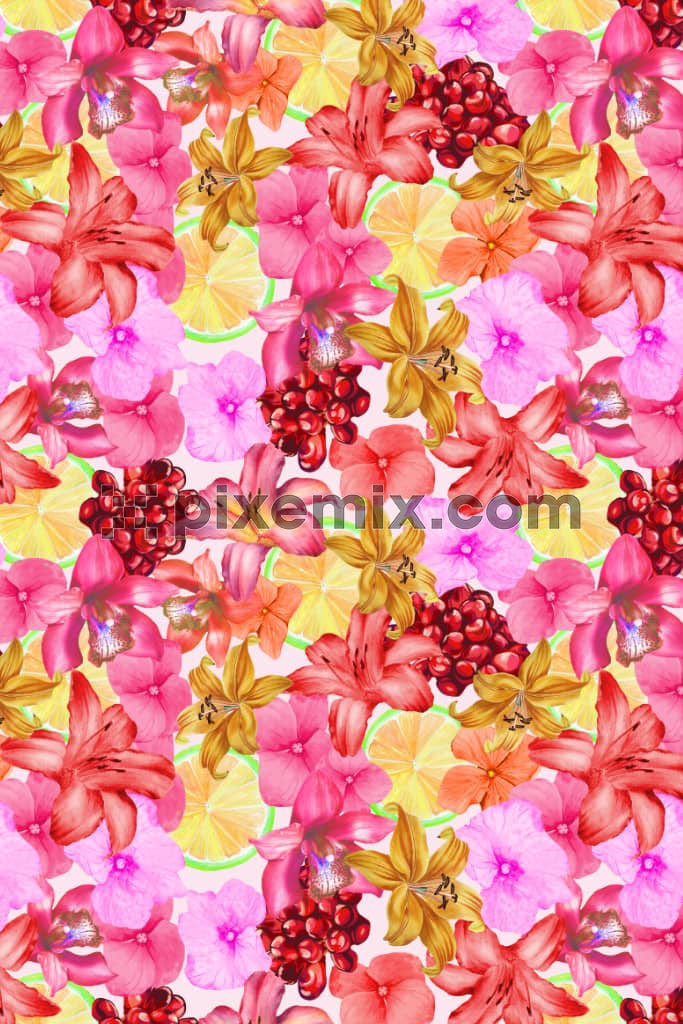 Digital florals and cherry product graphic with seamless repeat pattern