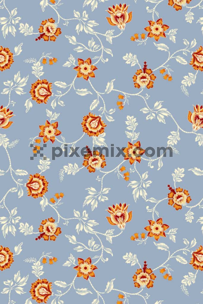 Kalamkari florals and leaves product graphic with seamless repeat pattern