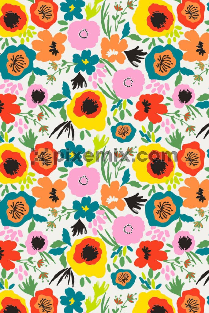 Vector florals and leaves product graphic with seamless repeat pattern