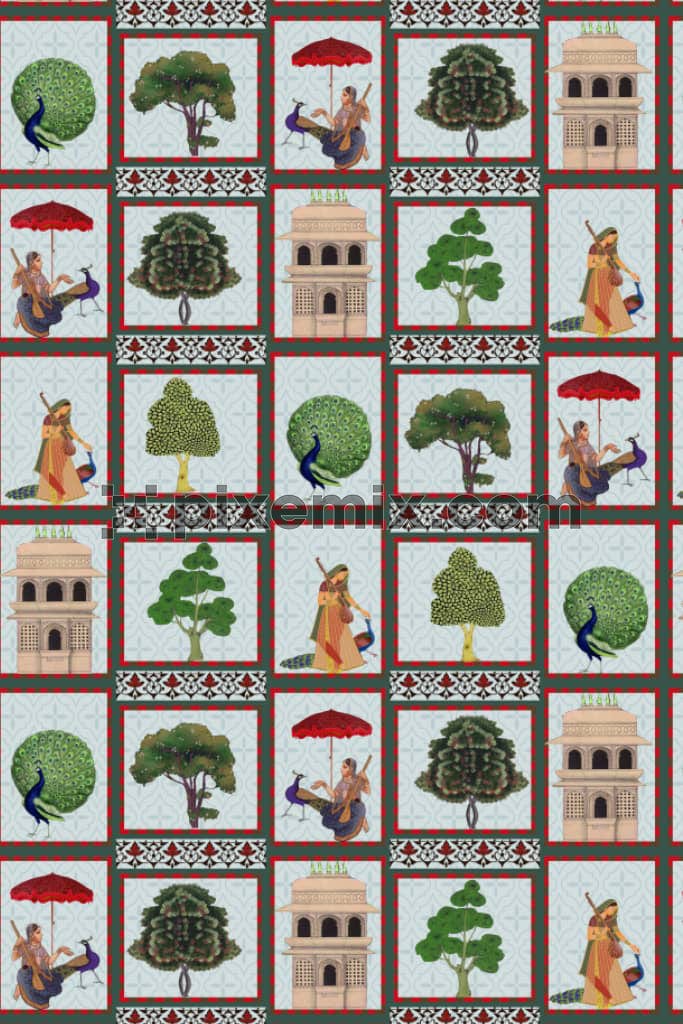 Mughal garden product graphic with seamless repeat pattern